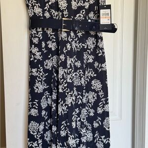 Calvin Klein Blue and White Midi Dress A-line Pleated